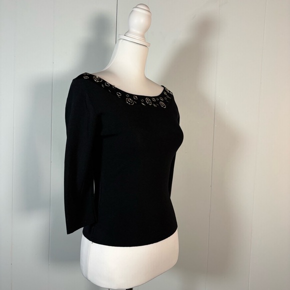 90s y2k Black Stretch Top Women’s M Petite Boat Neck 3/4 Sleeve Goth Glam Edgy - Picture 3 of 6